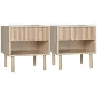 HOMCOM Set of 2 Bedroom Nightstands, Side Table with Storage Shelf and Drawer for Living Room, Bedroom, Natural Wood(m-9)