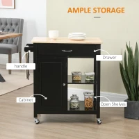 HOMCOM Kitchen Island Cart, Rolling Kitchen Island with Storage Shelf, Solid Wood Top, Drawer, for Dining Room, Black(m-4)