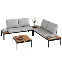 Outsunny 4 Piece L Shaped Garden Furniture Set, 4 Seater Outdoor Corner Garden Set, 2 Loveseats, 2 Coffee Tables, Teak(m-9)