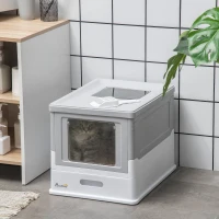 PawHut Fully Enclosed Cat Litter Box with Front Entry and Top Exit, Plastic, Gray & White(m-10)