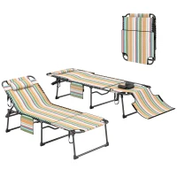 Outsunny 2 Piece Folding Chaise Lounge Pool Chairs with 5-level Reclining Back, Reading Hole, Side Pocket, Rainbow Striped(m-11)