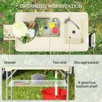 Outsunny Folding Fish Cleaning Table with Sinks, Portable Camping Sink Table with Faucet, Drainage Hose, Sprayer, Shelf(m-6)