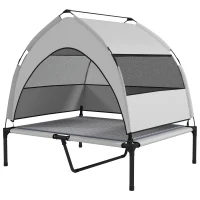 PawHut Elevated Dog Bed with Removable Canopy, Portable Outside Raised Pet Cot with Cooling Pad, Storage Bag, 36" x 29.5" x 35"(m-1)