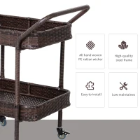 Outsunny PE Rattan Outdoor Bar Table, Outdoor Kitchen Island with 2-Tier Shelf, Wheeled Patio Serving Cart with Brakes for Poolside, Garden, Brown(m-5)