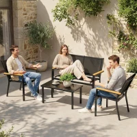 Outsunny Outdoor 4 Piece Set Patio Furniture with Sofa, Tempered Glass Tabletop for Garden Backyard Porch, Black(m-8)