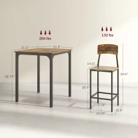 HOMCOM 3 Piece Pub Table and Chairs, Small Kitchen Table and Chairs, Square Dining Table with 2 Stools, Rustic Brown and Black(m-3)