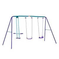Outsunny Metal Swing Set with Glider, Two S Seats and Adjustable Height, Outdoor Heavy Duty A-Frame Kids Playset Suitable, Purple(m-1)