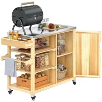 Outsunny Outdoor Grill Cart with Stainless Steel Top, Solid Wood Outdoor Kitchen Island with Wheels, Natural Wood(m-11)