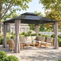 Outsunny 10' x 12' Outdoor Gazebo Canopy, Double Roof Hardtop Gazebo with Polycarbonate Roof, Steel Frame, Nettings and Curtains, for Garden, Lawn, Backyard and Deck, Khaki(m-1)