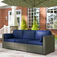 Outsunny Patio Couch PE Wicker Deep Seating Outdoor Sofa with Removable Cushions, 3 Seater Rattan Sofa, Navy Blue(m-2)