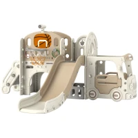 Qaba 9 in 1 Toddler Slide for Kids Ages 1-6 with Bus Front, Basketball Hoop, Climber, Storage Space, Ring Toss, Cream White(m-11)