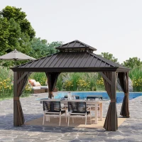 Outsunny 12' x 12' Hardtop Gazebo with Curtains and Netting, Permanent Pavilion Metal Double Roof Gazebo Canopy with Aluminum Frame and Hooks, for Garden, Patio, Backyard, Brown(m-2)
