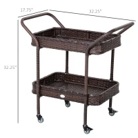Outsunny PE Rattan Outdoor Bar Table, Outdoor Kitchen Island with 2-Tier Shelf, Wheeled Patio Serving Cart with Brakes for Poolside, Garden, Brown(m-3)