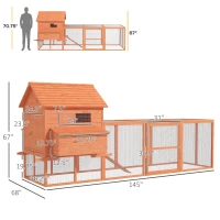 PawHut 145" Chicken Coop Large Chicken House Rabbit Hutch Wooden Poultry Cage Pen Garden & Backyard with Run & Inner Hen House Space(m-3)
