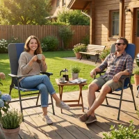 Outsunny Folding Patio Chairs Set of 2, Padded High Back Lawn Camping Chairs with Armrests, 600D Oxford Fabric, Dark Blue(m-8)