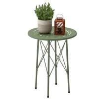 Outsunny 15.7" Round Garden Table with Floral Cut-Out, Steel Balcony Side Bistro Coffee Table with Adjustable Feet, Green(m-9)