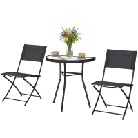 Outsunny Outdoor Bistro Set, 3 Piece Patio Furniture Set with Folding Chairs, Semi-Circle Glass Top Table, Black(m-2)