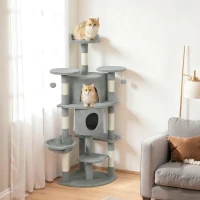 PawHut 62" Cat Tree with Scratching Post, 2 Condos, Hammock, Perches, Plush, Pompoms, for Indoor Cats, Light Grey(m-8)