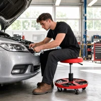 HOMCOM Rolling Mechanic Stool, 15.7"-20.5" Garage Stool with Wheels, 300 LBS, 360° Swivel Padded Creeper Shop Seat, Red(m-8)