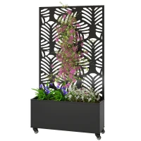 Outsunny Metal Planter Box with Trellis, Raised Garden Bed with Monstera Leaf Cut-Out Privacy Screen and Wheels(m-3)