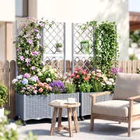 Outsunny Planter Box with Trellis, Self Watering Raised Garden Bed with Lockable Wheels and Drainage Holes, Gray(m-9)
