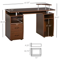 HOMCOM Multi-Function Computer Desk Home Office Workstation with Sliding Keyboard Tray, Elevated Shelf, Drawers and CPU Stand, Brown(m-3)