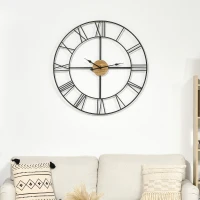 HOMCOM 36 Inch Large Wall Clock, Silent Non Ticking Wood Metal Farmhouse Roman Numeral Clocks for Living Room Decor, Battery Operated, Black(m-10)