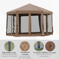 Outsunny 13' x 11' Hexagonal Pop Up Gazebo, Heavy Duty Outdoor Canopy Tent with 6 Mesh Sidewall Netting, 3-Level Adjustable Height and Strong Steel Frame, Brown(m-5)