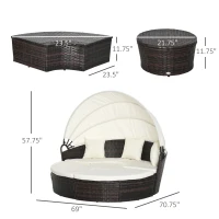 Outsunny 4pc Rattan Patio Furniture Set, Round Convertible Daybed or Sunbed, Adjustable Sun Canopy, Sectional Outdoor Sofa, 2 Chairs, Table, 3 Pillows, PE Plastic Wicker, Beige(m-3)