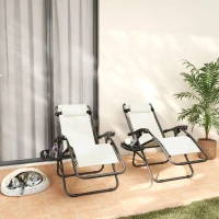 Outsunny Zero Gravity Lounge Chair Set, 2 Pieces Reclining Folding Outdoor Lounge Chairs with Headrest Side Tray, Cream(m-2)