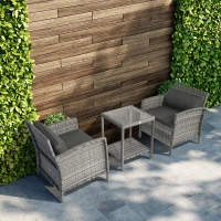 Outsunny 3 Piece Patio Furniture Set w/ Cushions, PE Rattan Outdoor Table And Chairs, 2-Tier Glass Top Coffee Table, Gray(m-10)