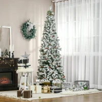 HOMCOM 7.5' Pencil Snow Flocked Artificial Christmas Tree with 600 Pine Realistic Branches, Pine Cones, Red Berries, Green(m-10)