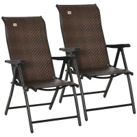 Outsunny Rattan Reclining Folding Chair Set of 2, Outdoor Wicker Portable Recliner with 7 Adjustable Backrest Position for Garden, Balcony, Patio, Brown(m-9)