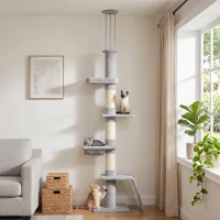 PawHut 90.6" -102.4" Floor-to-Ceiling Cat Tree Adjustable Height with 3-Rod Support, 5-Level Cat Tower, Light Gray(m-8)