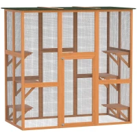 PawHut 71" x 39" x 71" Cat Cage, Large Outdoor Wooden Cat Patio with 6 Balanced Platforms and Asphalt Roof, Orange(m-2)