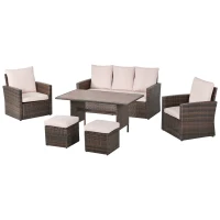 Outsunny Patio Dining Set, PE Rattan Furniture w/ 2 Chairs, Cushions & 3-Seat Sofa, Woodgrain Slatted Dinner Table, Beige(m-11)