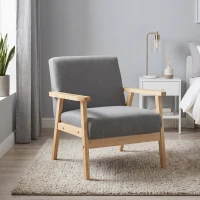 HOMCOM Minimalistic Accent Chairs Wood Frame w/ Thick Linen Cushions Wide Seat Armchair for Bedroom Office, Grey(m-1)