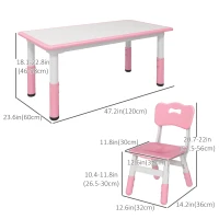 Qaba Kids Table and Chair Set with 4 Chairs, Adjustable Height, Easy to Clean, for 1.5 - 8 Years Old, Pink(m-3)