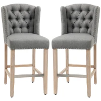 HOMCOM Counter Height Bar Stools Set of 2, 27" Seat Height Upholstered Barstools, Farmhouse Kitchen Island Stools with Nailhead-Trim, Tufted Back and Wooden Legs, Light Gray(m-11)