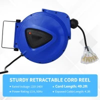 DURHAND 49ft Retractable Extension Cord Reel, Portable Power Cord with Triple Tap Connector Automatic Retract Ceiling Wall Mount Garage Garden, Blue(m-4)