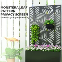 Outsunny Metal Planter Box with Trellis, Raised Garden Bed with Monstera Leaf Cut-Out Privacy Screen and Wheels(m-6)