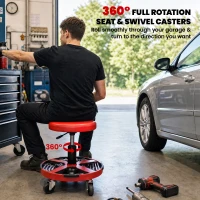 HOMCOM Rolling Mechanic Stool, 15.7"-20.5" Garage Stool with Wheels, 300 LBS, 360° Swivel Padded Creeper Shop Seat, Red(m-6)