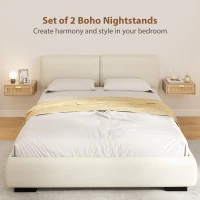 HOMCOM Floating Bedside Tables Set of 2, Wall Mounted Nightstands with Rattan Drawer and Wood Effect, Oak(m-4)