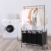 HOMCOM 4-Bag Rolling Laundry Sorter Cart Heavy Duty with Hanging Bar Large Washing Bag and Wheels Laundry Storage Black(m-8)