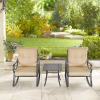Outsunny 3-Piece Patio Bistro Set Outdoor Rocking Coffee Table Chair Set with Curved Base, Soft Cushions, Steel Frame, Beige(m-21)