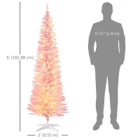 HOMCOM 6' Pre Lit Artificial Pencil Christmas Trees, Xmas Tree with Realistic Branches and Warm White LED Lights, Pink(m-3)