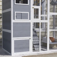 PawHut 76" Catio Outdoor Cat Enclosure with Cat Condo, Jumping Platforms, Ladder, Ramps, Hammock for 2-3 Indoor Cats, Grey(m-7)