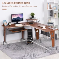 HOMCOM L-Shaped Corner Computer Office Desk Workstation with Elevated Shelf, Rolling Keyboard Tray, & Convenient CPU Stand, Brown(m-5)