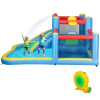 Qaba Inflatable Water Slide Bounce House w/ 550W Blower, Large Trampoline, Splash Pool, Basketball Hoop, Dart Board(m-1)