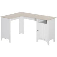 HOMCOM L-Shaped Computer Desk with Open Shelf and Storage Cabinet, Corner Writing Desk with Adjustable Shelf, White(m-1)